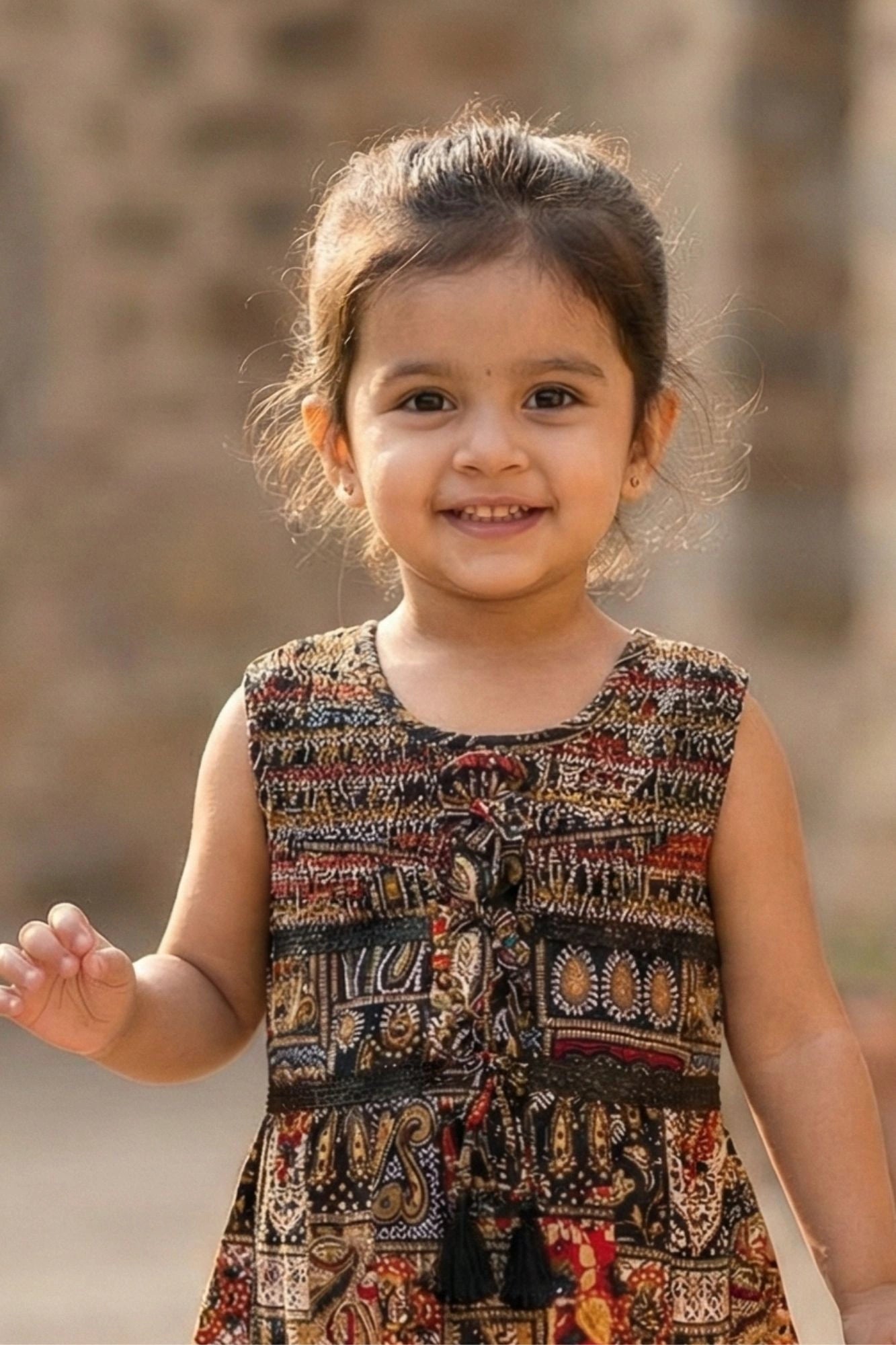 Black Boho-Style Multicolor Printed Casual Dress For Girls