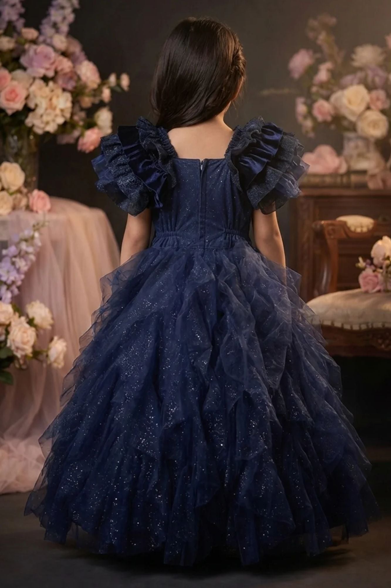 Girls Navy Blue Glitter Net Party Wear Gown with Ruffle Sleeves