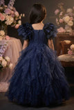 Girls Navy Blue Glitter Net Party Wear Gown with Ruffle Sleeves