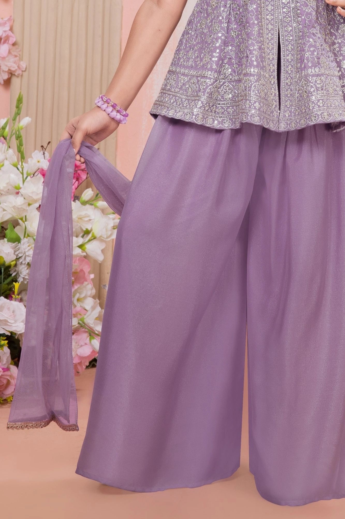 Lavender Sequins And Zari Embroidered Peplum Kurti With Palazzo Set for Girls