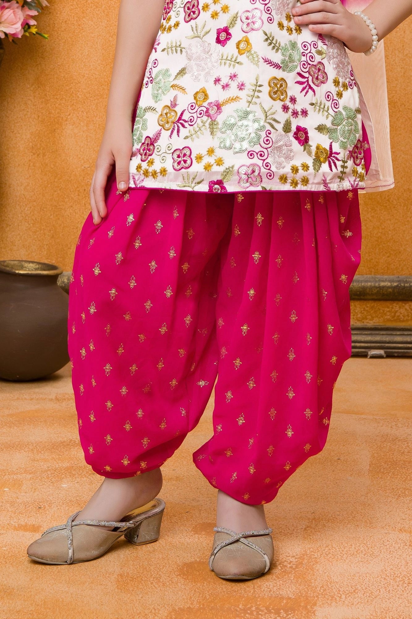 Rani Pink and Cream Printed Patiala Set with Dupatta For Girls