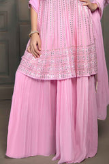 Pink Sleeveless And Mirror Work With Sequins Embroidery Top And Palazzo Set For Girls