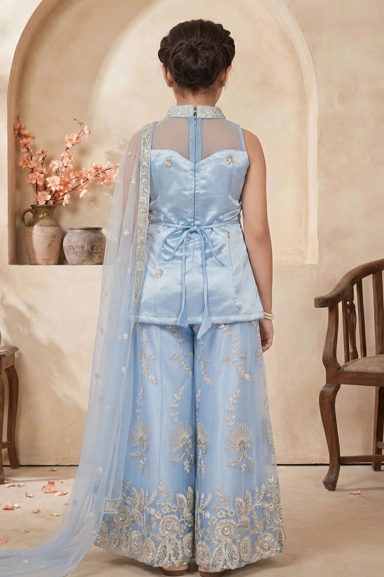 Powder Blue Sleeveless Embroidered Palazzo Set For Girls