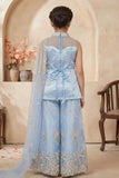Powder Blue Sleeveless Embroidered Palazzo Set For Girls
