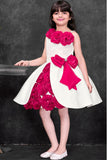 Girls White And Fuchsia Floral Applique Party Wear Frock with Bow Detail