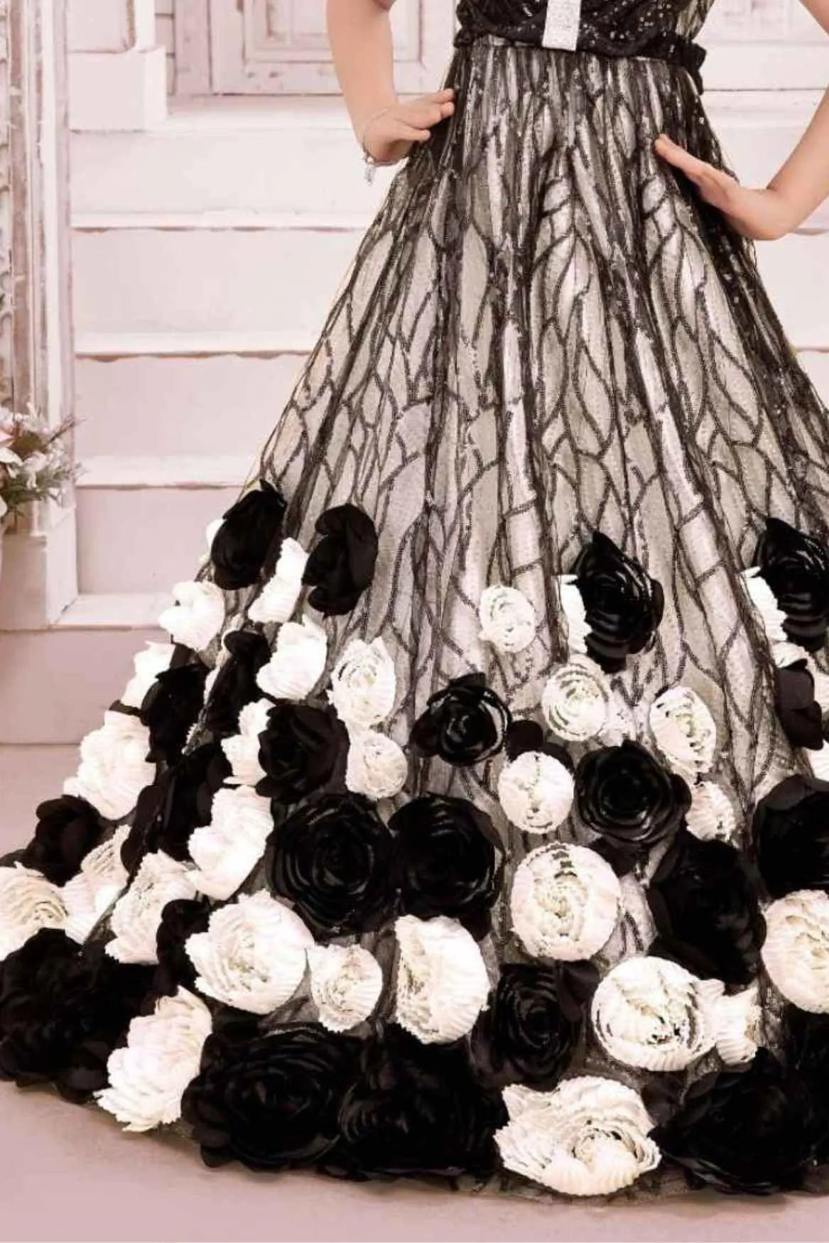 Black & Ivory Floral Appliqué Party Wear Gown with Sequin Detailing For Girls