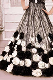 Black & Ivory Floral Appliqué Party Wear Gown with Sequin Detailing For Girls