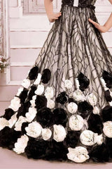 Black & Ivory Floral Appliqué Party Wear Gown with Sequin Detailing For Girls