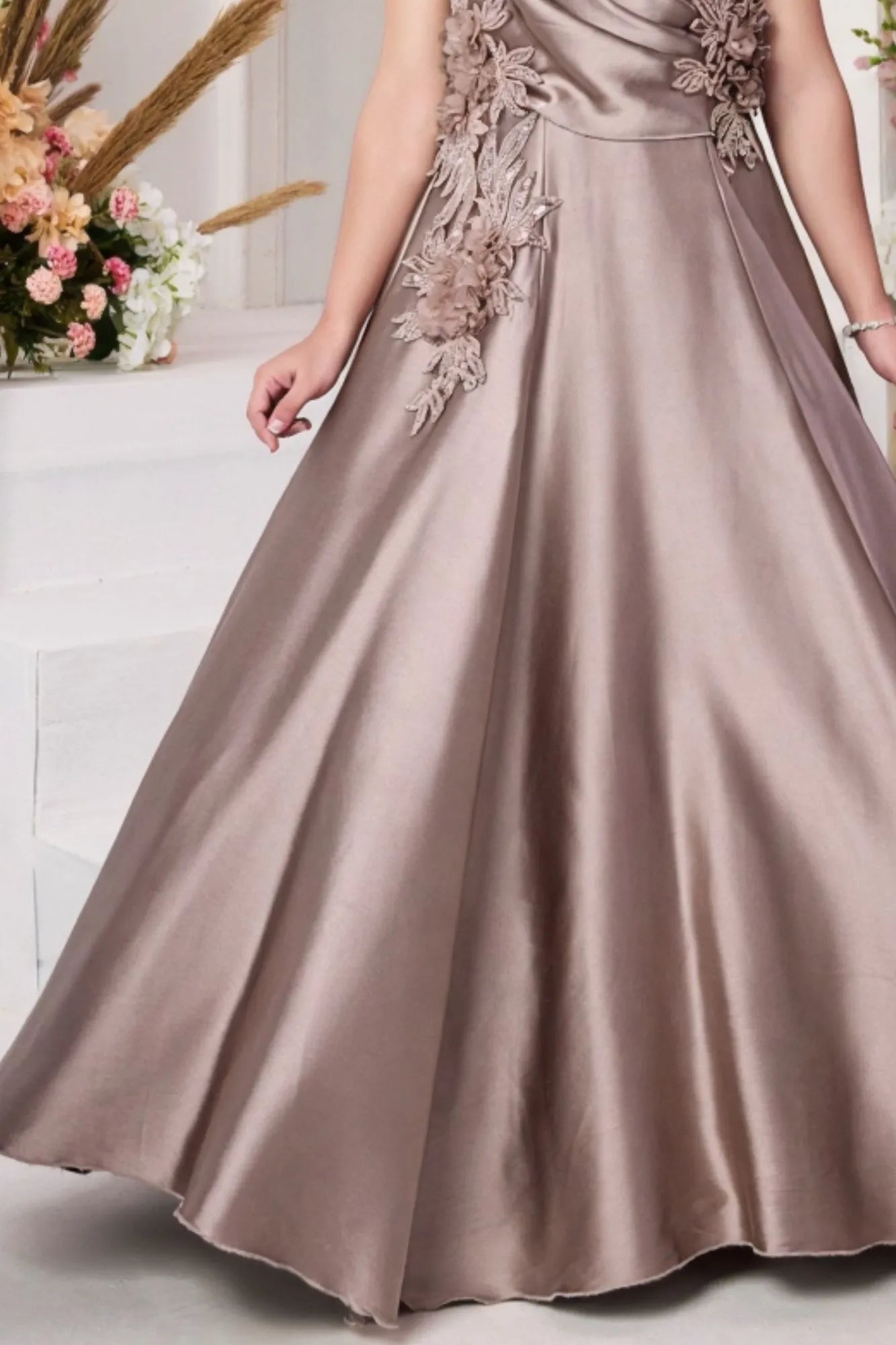 Gold Gown with Draped Bodice and 3D Floral Appliqué Embroidery For Girls
