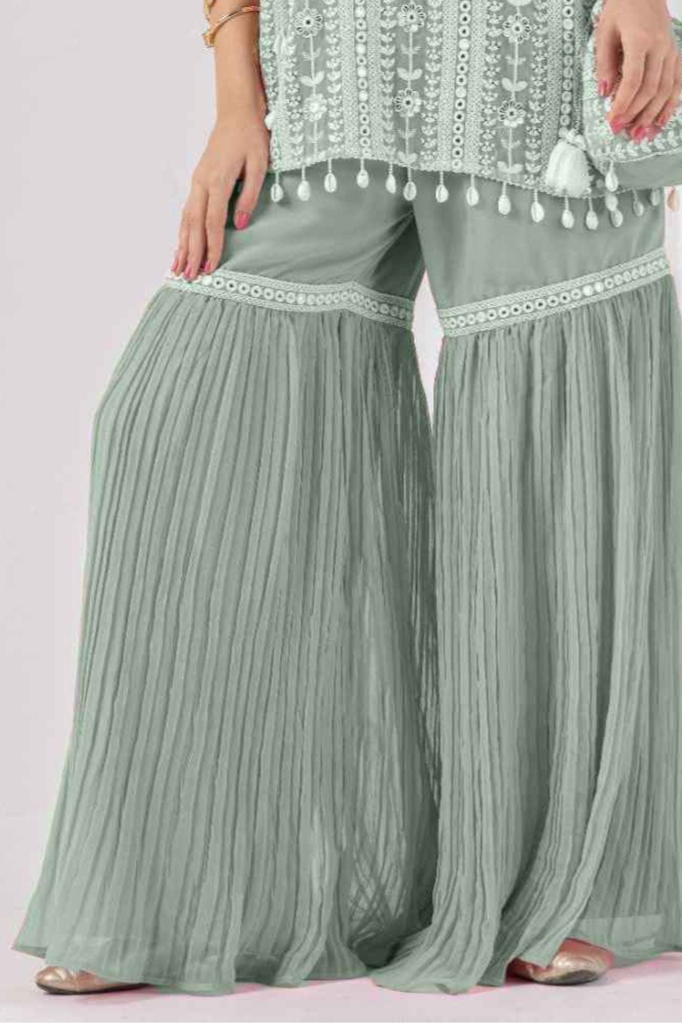 Girls Pista Green Embroidered Palazzo Set