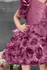 Wine Sequin Designer Party Frock With Flower Embellishments For Girls