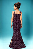 Wine and Silver Leaf Sequin Party Wear Gown With 3D Bow Appliqué For Girls