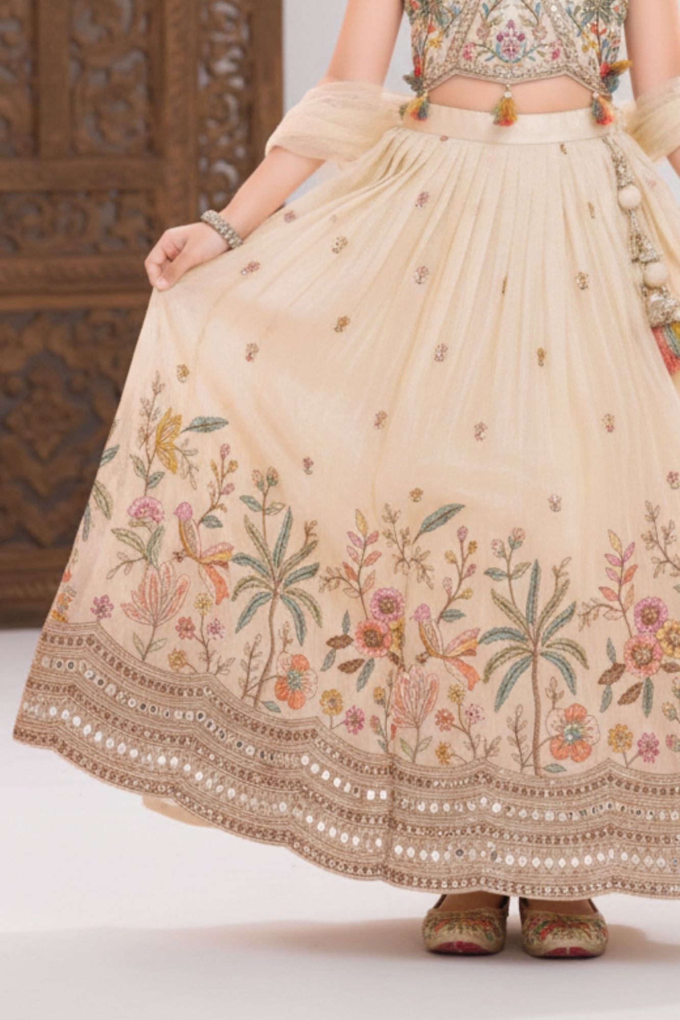 Ivory Embroidered Lehenga Choli Set with Dupatta For Girls
