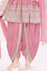 Peach Embroidered And Sequin Work Top With Dhoti Bottom Set For Girls