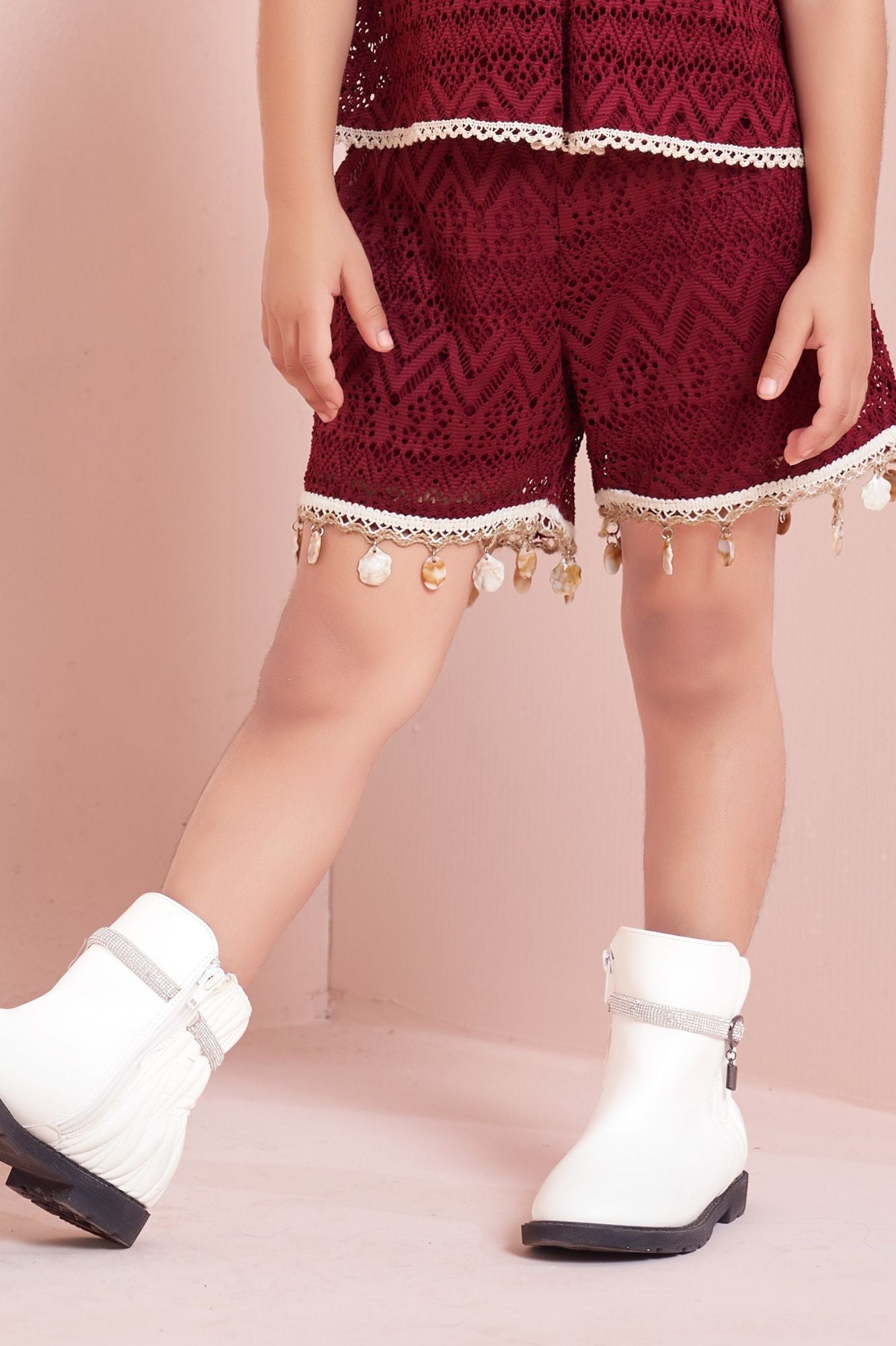 Girls Maroon Sleeveless Shorts Set with Lace Detailing