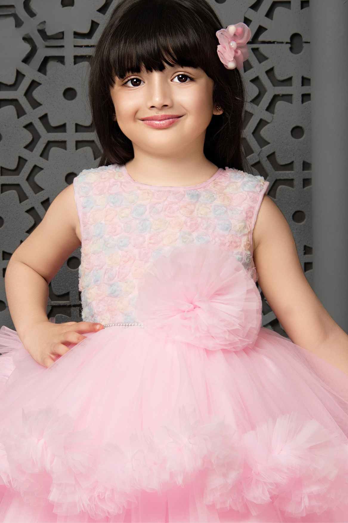 Pastel Pink Frock With Floral Embellishment For Girls