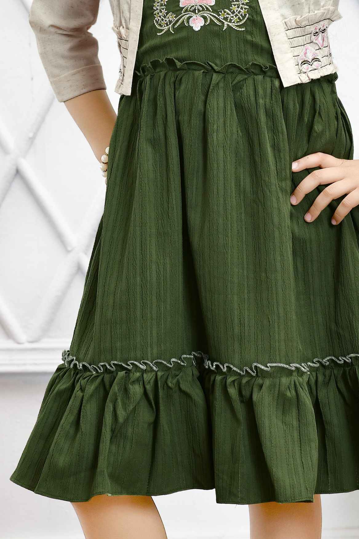 Green Embroidered Dress With Overcoat For Girls