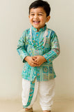 Aqua Blue Patchwork-Style Kurta with Cream Dhoti Set