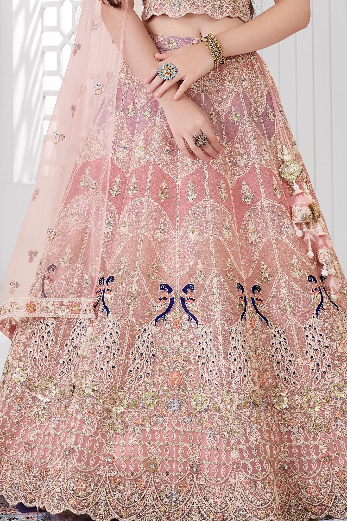 Peach Peacock Embroidered Lehenga Choli Set with Dupatta For Girls