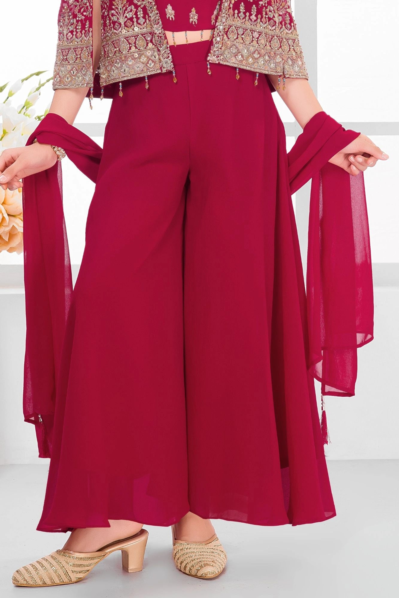 Rani Pink Embroidered Crop Top with Jacket and Palazzo Set For Girls