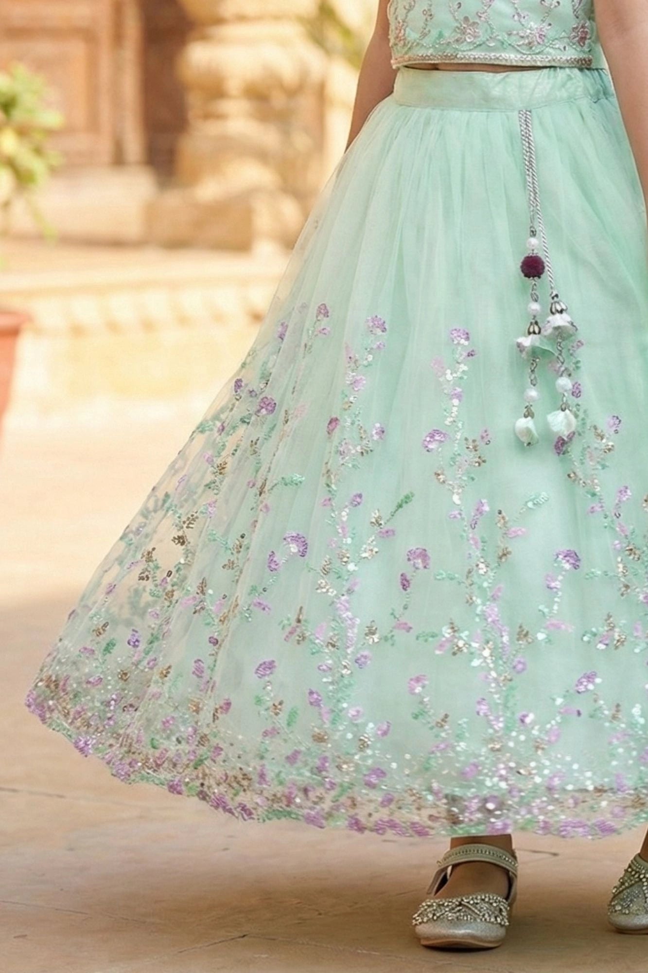 Mint Green Sequins Embroidered Lehenga Choli Set For Girls