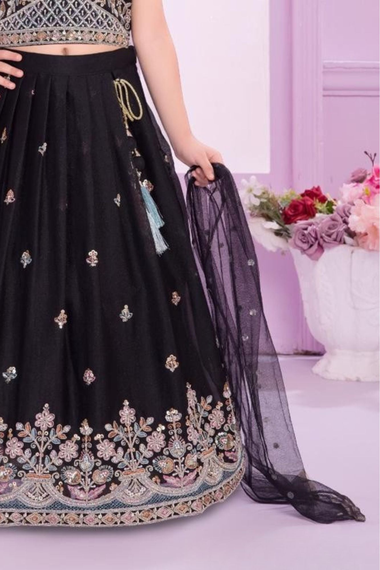 Elegant Black Embroidered Lehenga Choli with Dupatta For Girls