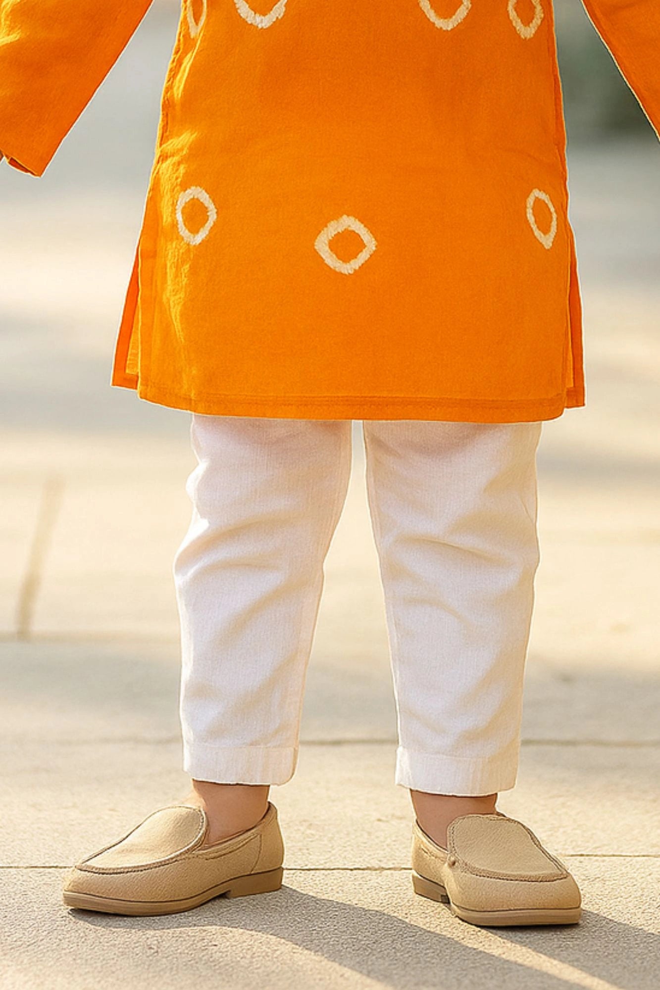 Classic Orange Bandhini Printed Kurta with White Pajama Set For Boys