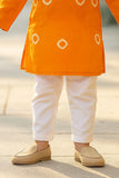 Classic Orange Bandhini Printed Kurta with White Pajama Set For Boys