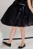 Black Party Frock With Sequin Bow And 3D Flower Detail For Girls