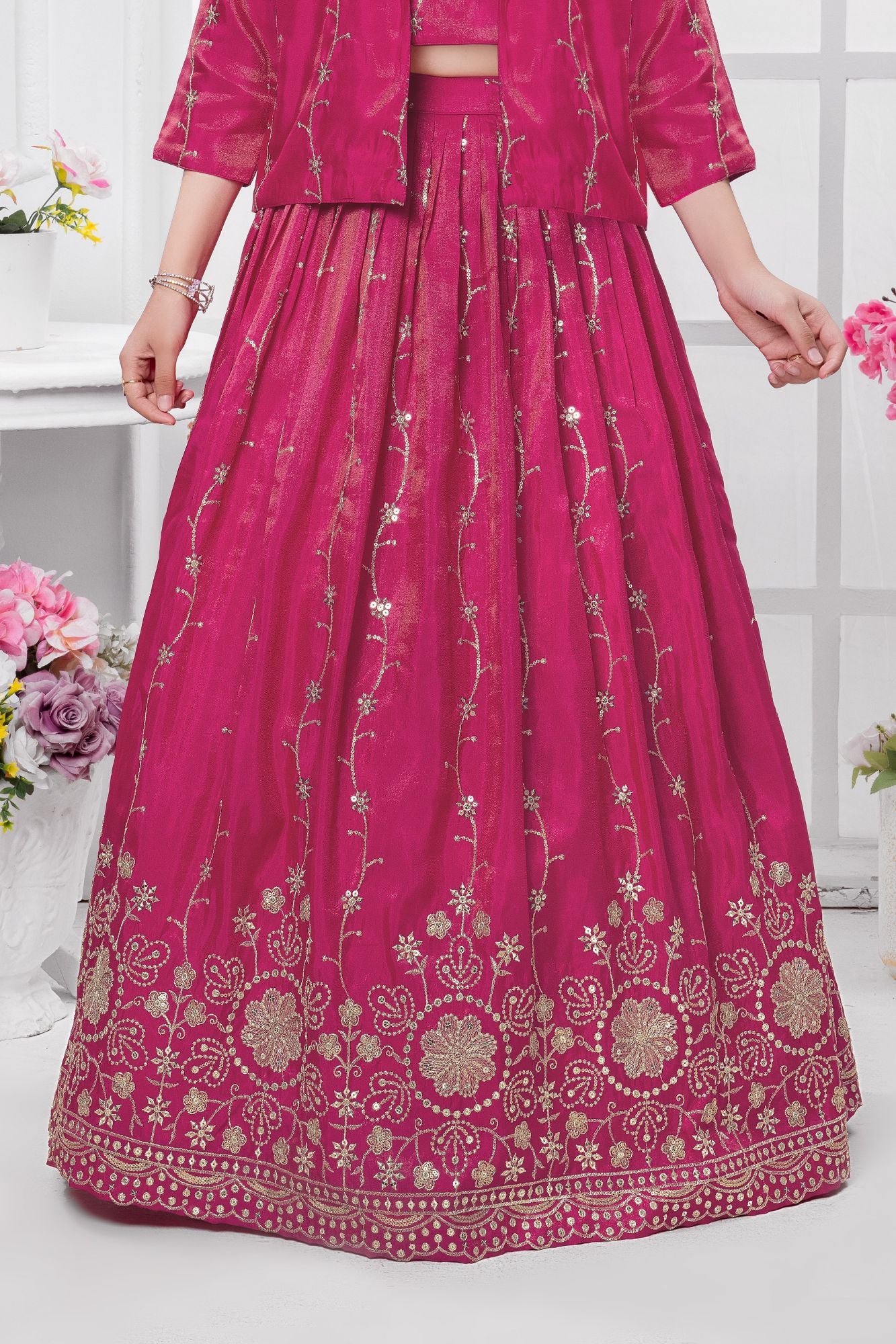 Rani Pink Embroidered Jacket Style Lehenga Choli