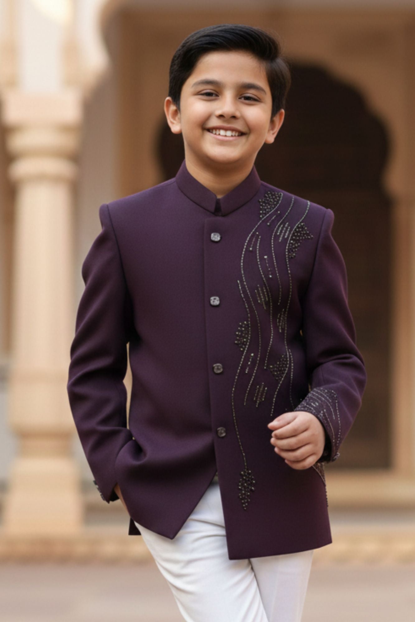 Deep Plum Embroidered Jodhpuri Suit Set with Trouser For Boys