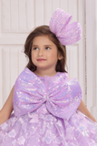 Lavender Sequin Bow Party Wear Frock With 3D Floral Embellishments For Girls