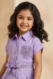 Girls Purple Embroidered Fit And Flare Casual Dress with Waist Tie Belt