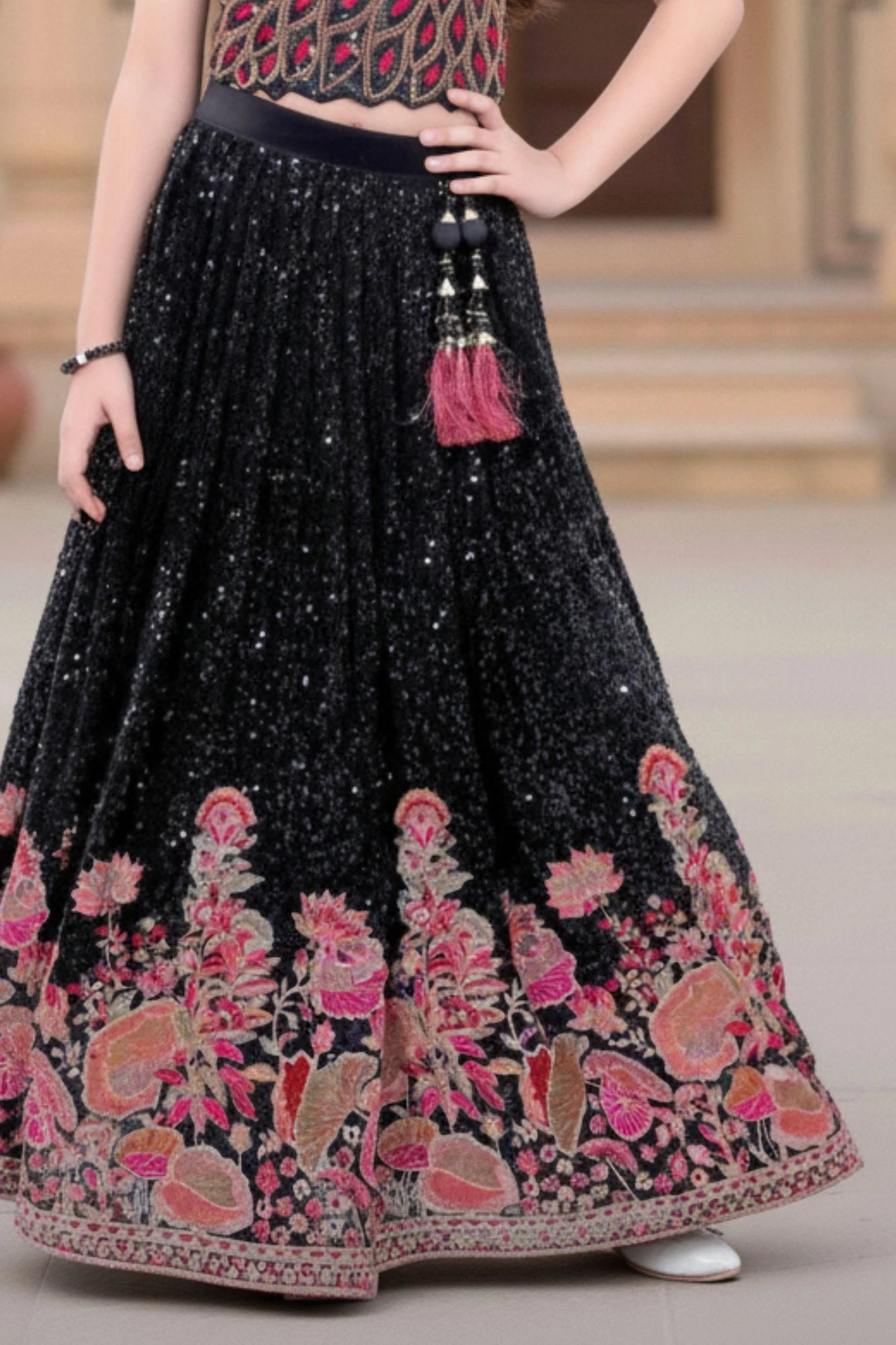 Black Sequin Embroidered Lehenga Choli with Floral Detailing For Girls