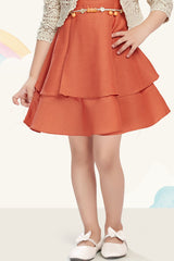 Girls Rust Orange Layered Frock With Lace Shrug And Floral Accent