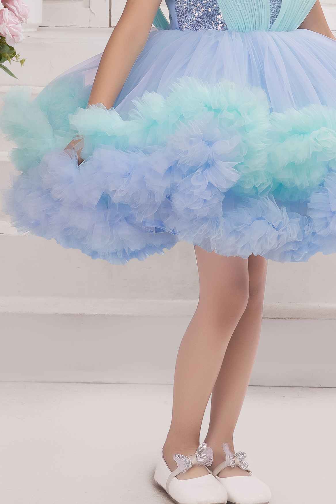 Blue Ruffle Party Frock with Sequins Embellishment For Girls