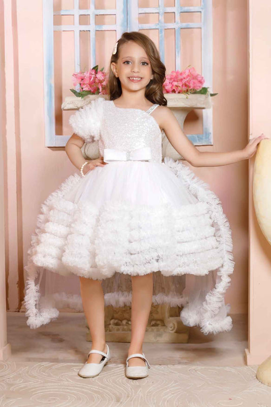 White Sequins Work With Bow Embellished Party Wear Tailback Frock For Girls