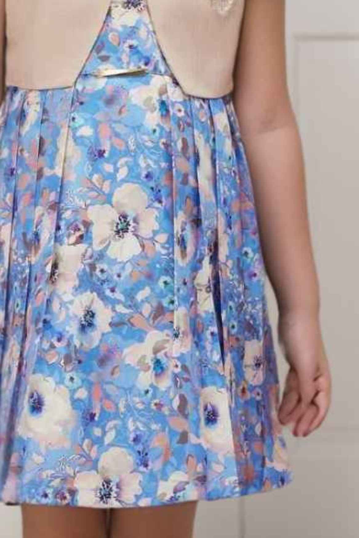 Blue Floral Printed With Fawn Overcoat With Floral Embellished Dress For Girls