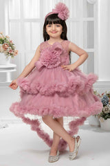 Onion Pink Sleeveless And Sequins Work With Floral Embellished Tail Back Frock For Girls