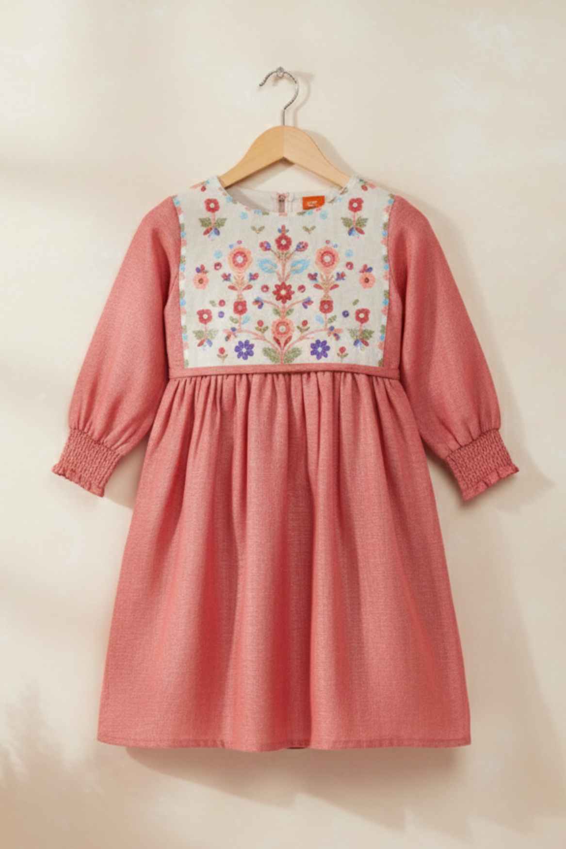 Rust Red Cotton Dress with Multicolor Floral Embroidered Yoke For Girls