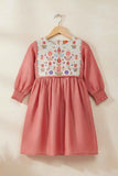 Rust Red Cotton Dress with Multicolor Floral Embroidered Yoke For Girls