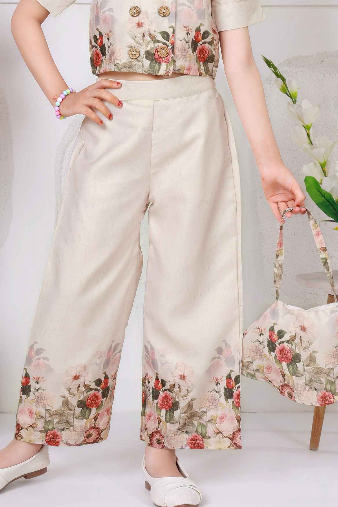 Cream Floral Printed Top and Wide Legged Pant Set With Hand Bag For Girls