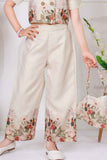 Cream Floral Printed Top and Wide Legged Pant Set With Hand Bag For Girls
