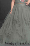 Grey Sequin Ghagra-Choli Set With Asymmetric Ruffled Sleeves For Girls