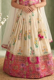 Girls Cream and Rani Pink Printed Lehenga Choli Set with Dupatta