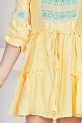 Lemon Yellow 3/4th Sleeves And Sequins Embroidered Dress For Girls