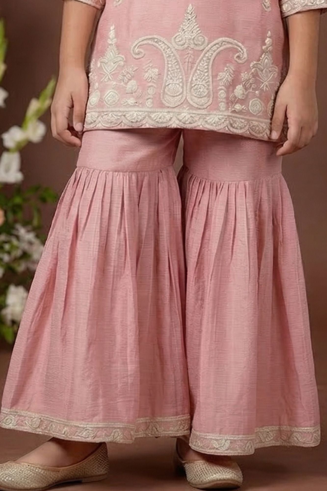 Dusty Pink Embroidered Sharara Set For Girls