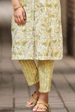Mustard Printed And Stone Work Kurta With Pant Set For Girls
