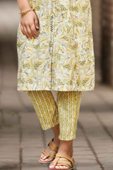 Mustard Printed And Stone Work Kurta With Pant Set For Girls