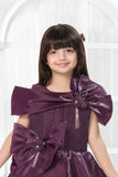 Wine Layered Party Wear Gown with Statement Bow Accents For Girls